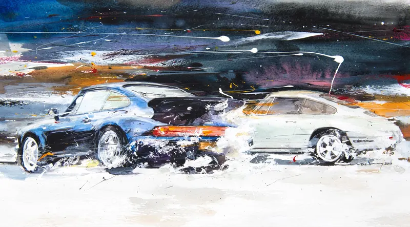 강민석 Minseok Kang, At full speed NO.1 Porsche 911 Turbo — 프랑스 수채지 위 투명한 물성으로 담은 레이싱 카의 질주, Watercolor & Acrylic on France Paper
