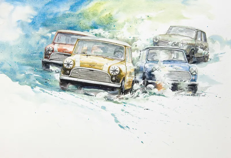 강민석 Minseok Kang, At full speed NO.3 MINI Rally — 프랑스 수채지 위 투명한 물성으로 담은 레이싱 카의 질주, Watercolor & Acrylic on France Paper