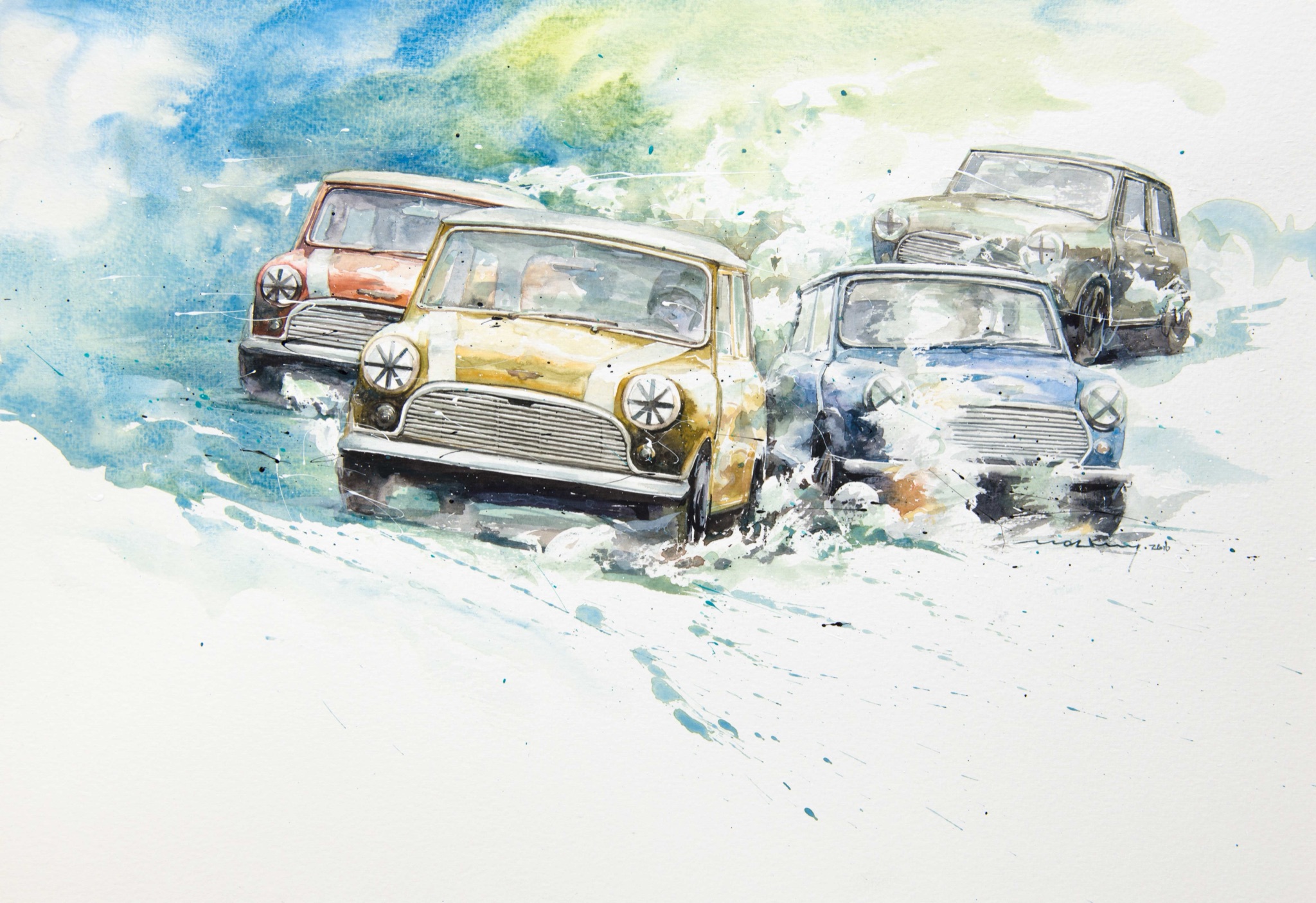 Minseok Kang 강민석 At full speed NO.3 MINI Rally 수채화 아트웍 26×40.4cm Watercolor & Acrylic on France Paper Korean contemporary art automotive fine art 수채화 아트웍 Watercolor Artwork At full speed