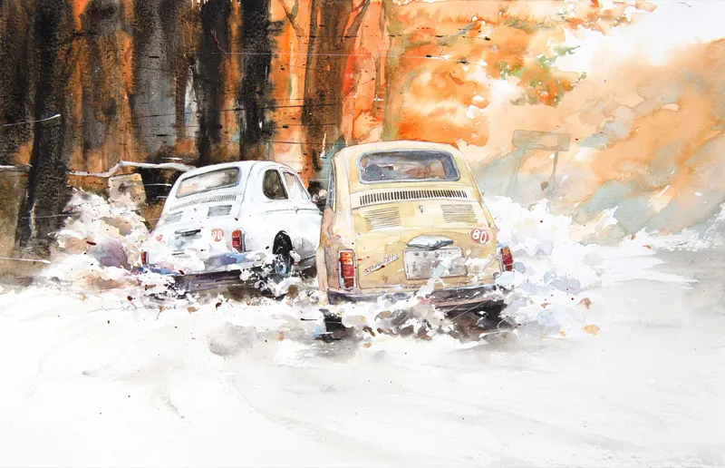 강민석 Minseok Kang, At full speed NO.4 Fiat Nuova 500 — 프랑스 수채지 위 투명한 물성으로 담은 레이싱 카의 질주, Watercolor & Acrylic on France Paper