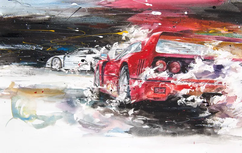 강민석 Minseok Kang, At full speed NO.5 Ferrari F40 — 프랑스 수채지 위 투명한 물성으로 담은 레이싱 카의 질주, Watercolor & Acrylic on France Paper