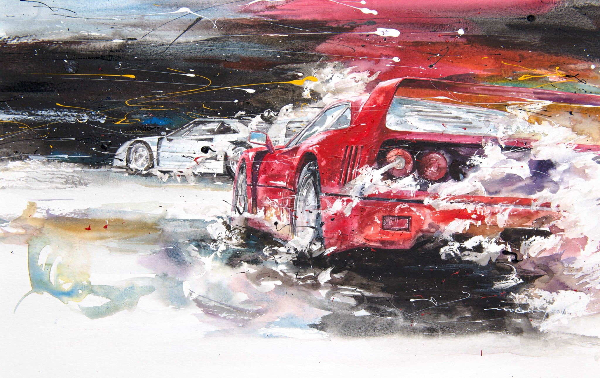 Minseok Kang 강민석 At full speed NO.5 Ferrari F40 수채화 아트웍 26.2×40.4cm Watercolor & Acrylic on France Paper Korean contemporary art automotive fine art 수채화 아트웍 Watercolor Artwork At full speed