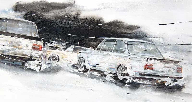 강민석 Minseok Kang, At full speed NO.6 BMW 2002 Turbo — 프랑스 수채지 위 투명한 물성으로 담은 레이싱 카의 질주, Watercolor & Acrylic on France Paper