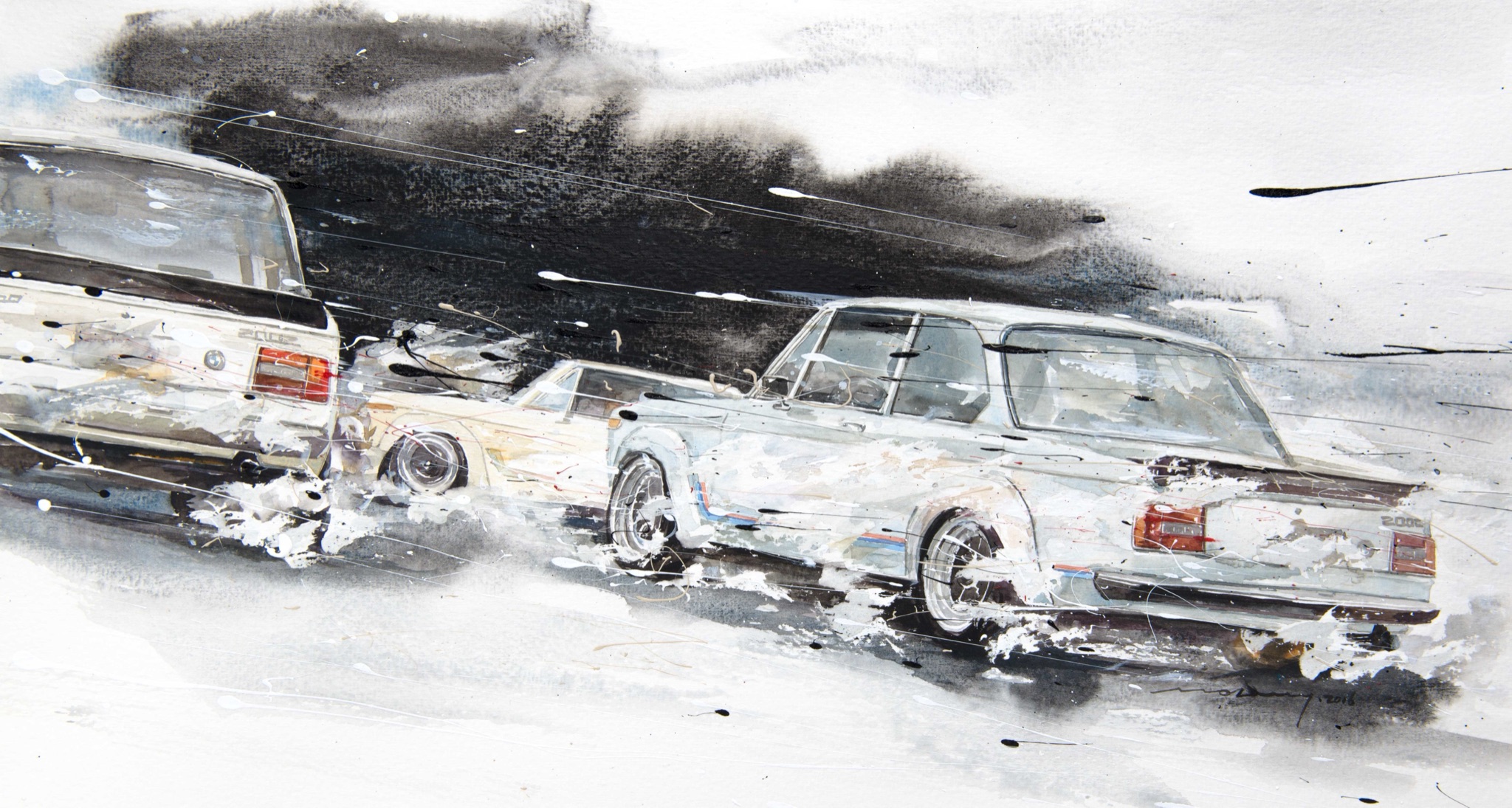 Minseok Kang 강민석 At full speed NO.6 BMW 2002 Turbo 수채화 아트웍 22×40.8cm Watercolor & Acrylic on France Paper Korean contemporary art automotive fine art 수채화 아트웍 Watercolor Artwork At full speed