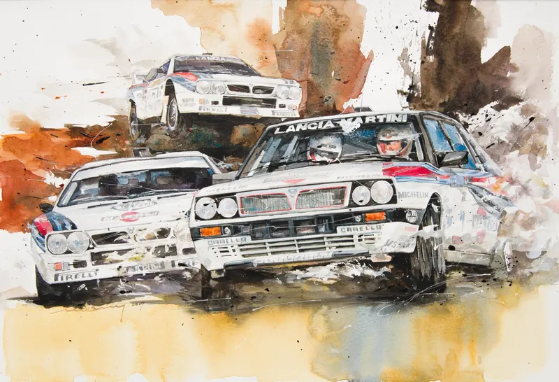강민석 Minseok Kang, At full speed NO.10 Lancia Rally — 프랑스 수채지 위 투명한 물성으로 담은 레이싱 카의 질주, Watercolor & Acrylic on France Paper