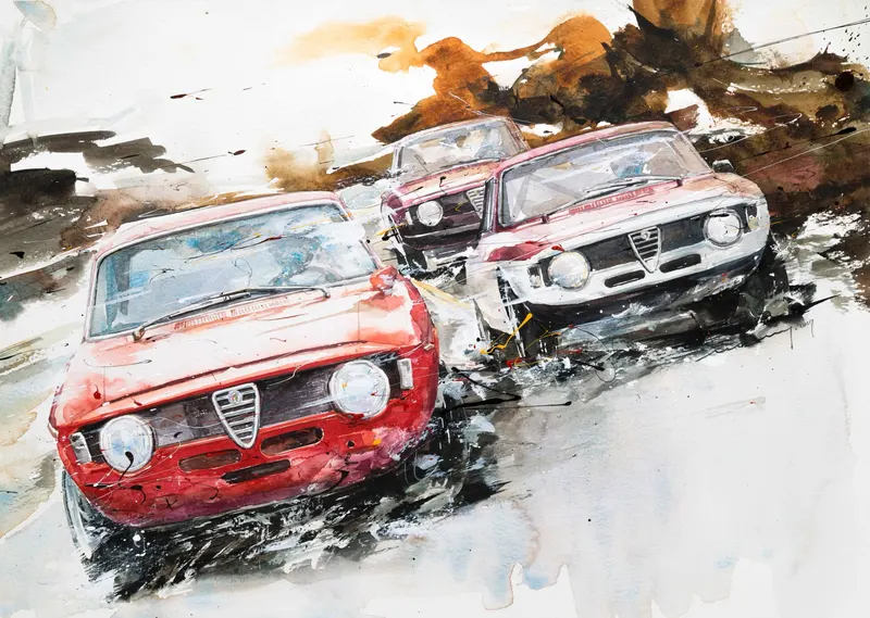 강민석 Minseok Kang, At full speed NO.15 Alfa Romeo — 프랑스 수채지 위 투명한 물성으로 담은 레이싱 카의 질주, Watercolor & Acrylic on France Paper