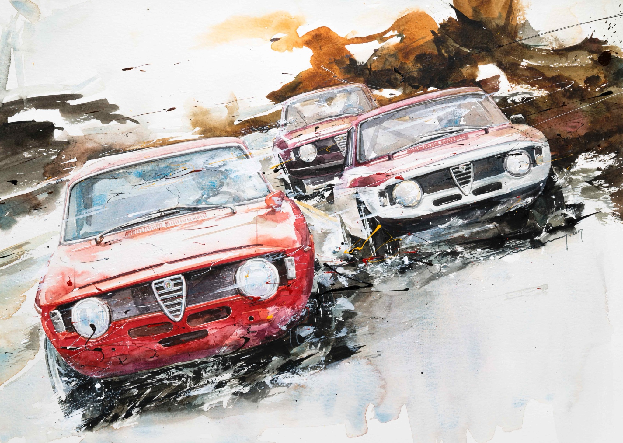 Minseok Kang 강민석 At full speed NO.15 Alfa Romeo 수채화 아트웍 40.4×28.7cm Watercolor & Acrylic on France Paper Korean contemporary art automotive fine art 수채화 아트웍 Watercolor Artwork At full speed