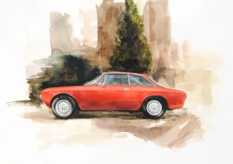 강민석 Minseok Kang, Alfa Romeo 2000 GTV — 프랑스 수채지 위 투명한 물성으로 담은 레이싱 카의 질주, Watercolor & Acrylic on France Paper