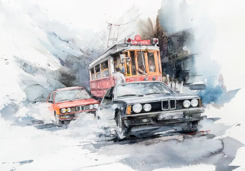 강민석 Minseok Kang, BMW Classic — 프랑스 수채지 위 투명한 물성으로 담은 레이싱 카의 질주, Watercolor on France Paper