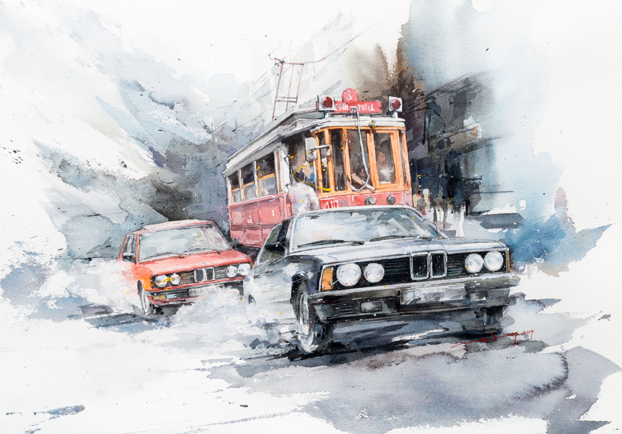 Minseok Kang 강민석 BMW Classic 수채화 아트웍 Watercolor on France Paper Korean contemporary art automotive fine art 수채화 아트웍 Watercolor Artwork At full speed