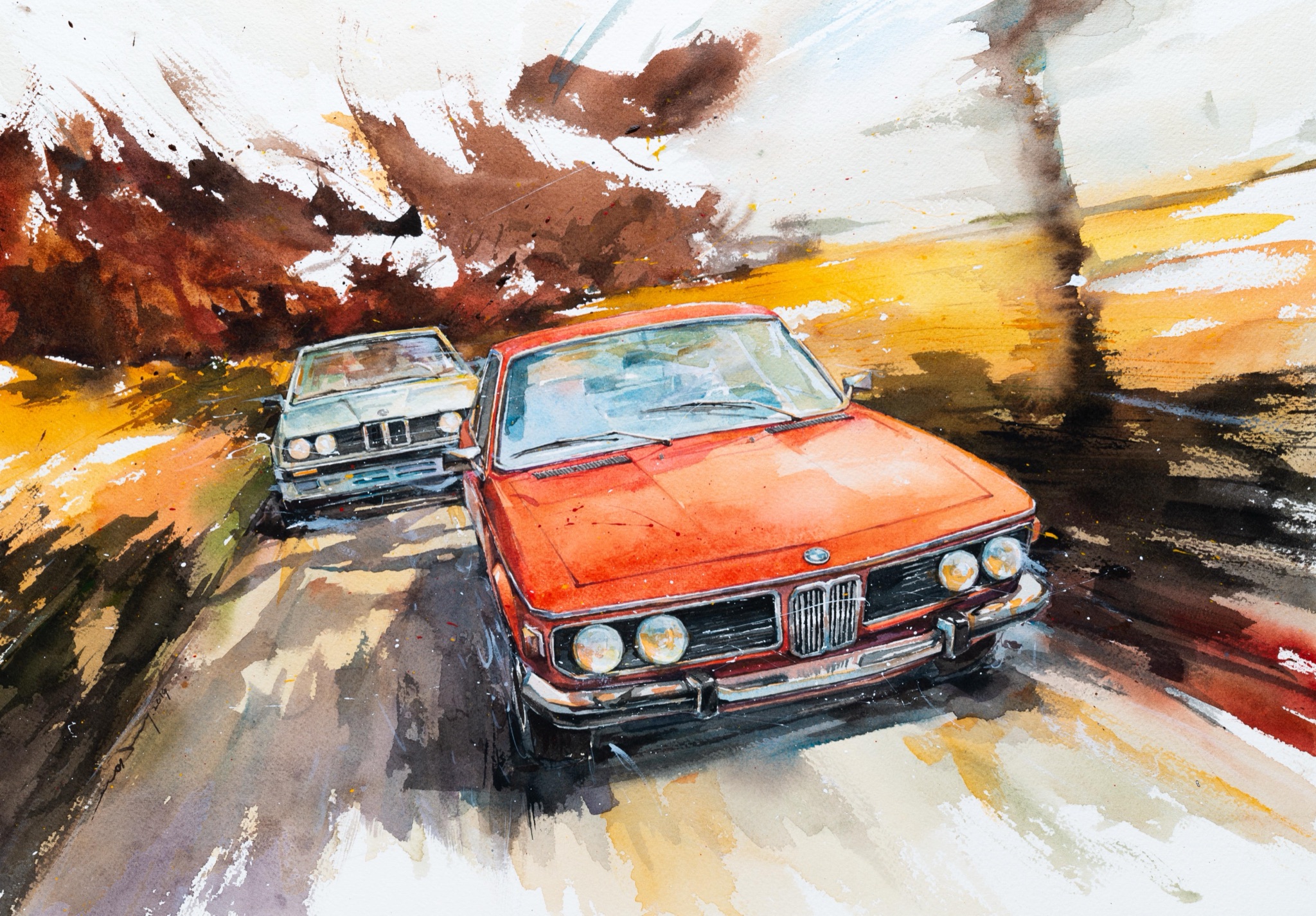 Minseok Kang 강민석 BMW E30 & E9 수채화 아트웍 Watercolor on France Paper Korean contemporary art automotive fine art 수채화 아트웍 Watercolor Artwork At full speed