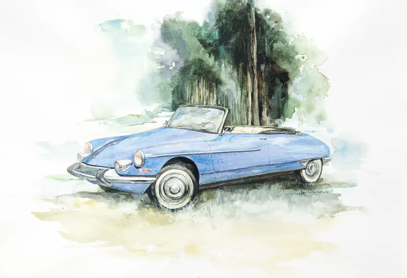 강민석 Minseok Kang, Citroën DS21 Cabriolet Chapron — 프랑스 수채지 위 투명한 물성으로 담은 레이싱 카의 질주, Watercolor & Acrylic on France Paper