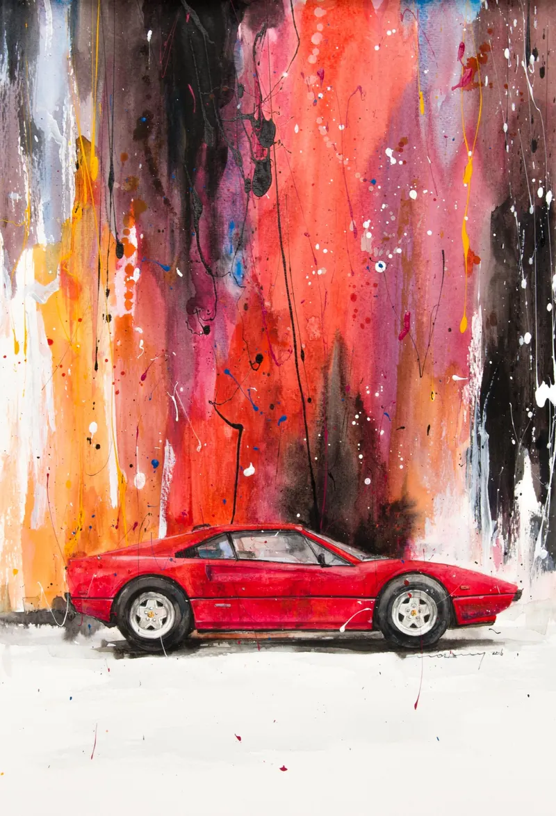 강민석 Minseok Kang, Ferrari 308 GTS — 프랑스 수채지 위 투명한 물성으로 담은 레이싱 카의 질주, Watercolor & Acrylic on France Paper