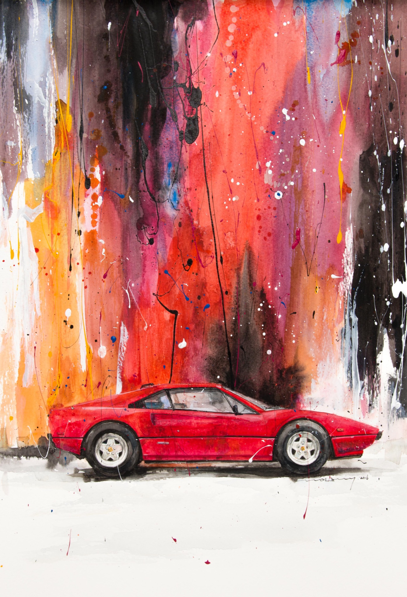 Minseok Kang 강민석 Ferrari 308 GTS 수채화 아트웍 42×28.5cm Watercolor & Acrylic on France Paper Korean contemporary art automotive fine art 수채화 아트웍 Watercolor Artwork At full speed