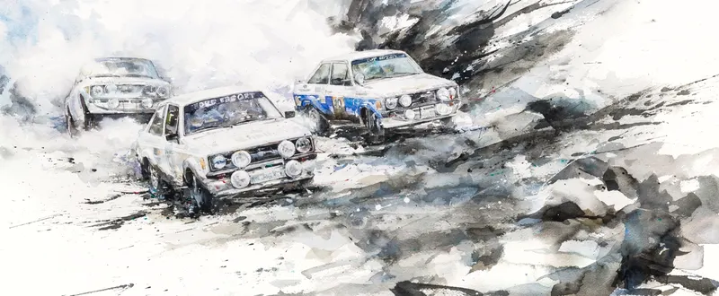 강민석 Minseok Kang, Ford Escort Rally (2017) — 프랑스 수채지 위 투명한 물성으로 담은 레이싱 카의 질주, Watercolor on France Paper