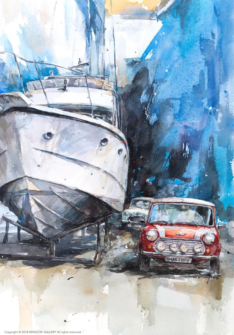 강민석 Minseok Kang, Harbour Mini (2018) — 프랑스 수채지 위 투명한 물성으로 담은 레이싱 카의 질주, Watercolor on France Paper