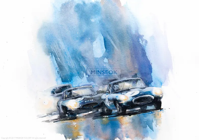 강민석 Minseok Kang, Jaguar E-Type Race (2017) — 프랑스 수채지 위 투명한 물성으로 담은 레이싱 카의 질주, Watercolor on France Paper