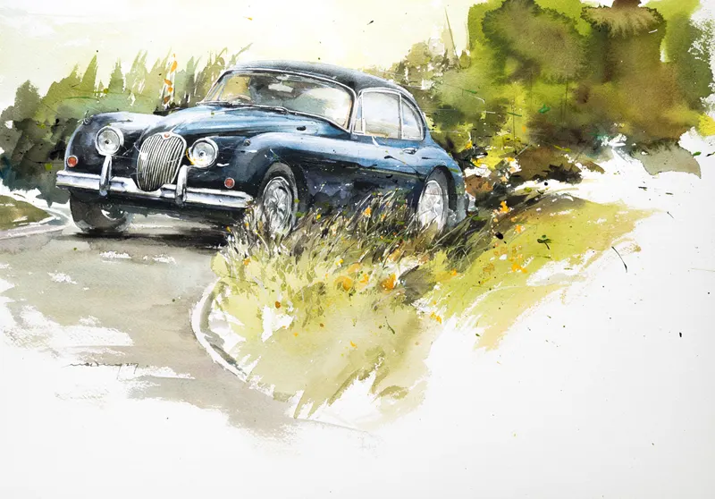강민석 Minseok Kang, Jaguar XK150 — 프랑스 수채지 위 투명한 물성으로 담은 레이싱 카의 질주, Watercolor & Acrylic on France Paper