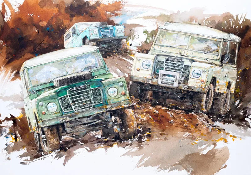 강민석 Minseok Kang, Land Rover Off-road — 프랑스 수채지 위 투명한 물성으로 담은 레이싱 카의 질주, Watercolor on France Paper