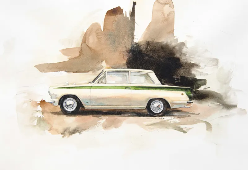 강민석 Minseok Kang, Lotus Cortina Mk1 — 프랑스 수채지 위 투명한 물성으로 담은 레이싱 카의 질주, Watercolor & Acrylic on France Paper