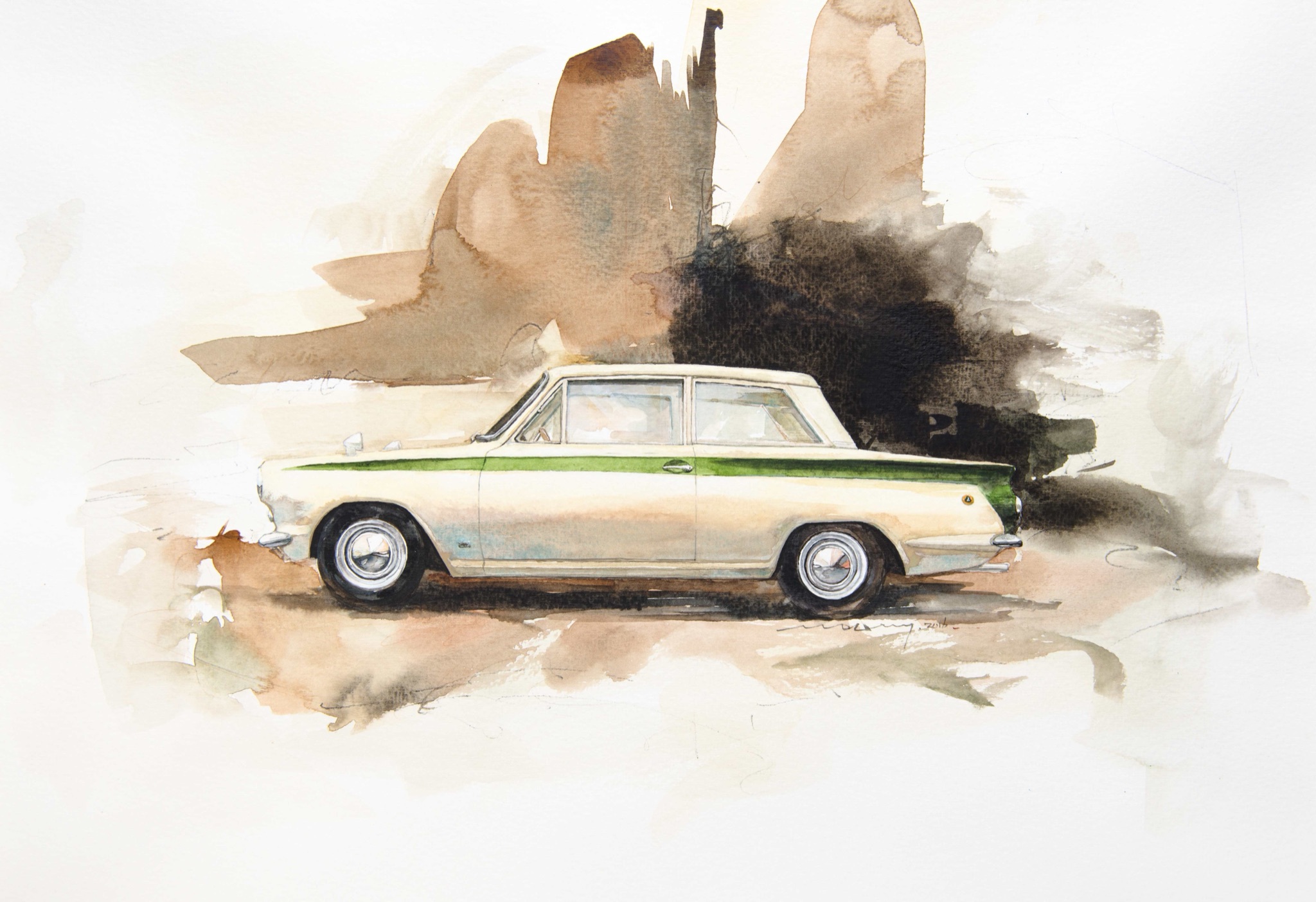 Minseok Kang 강민석 Lotus Cortina Mk1 수채화 아트웍 26×40cm Watercolor & Acrylic on France Paper Korean contemporary art automotive fine art 수채화 아트웍 Watercolor Artwork At full speed