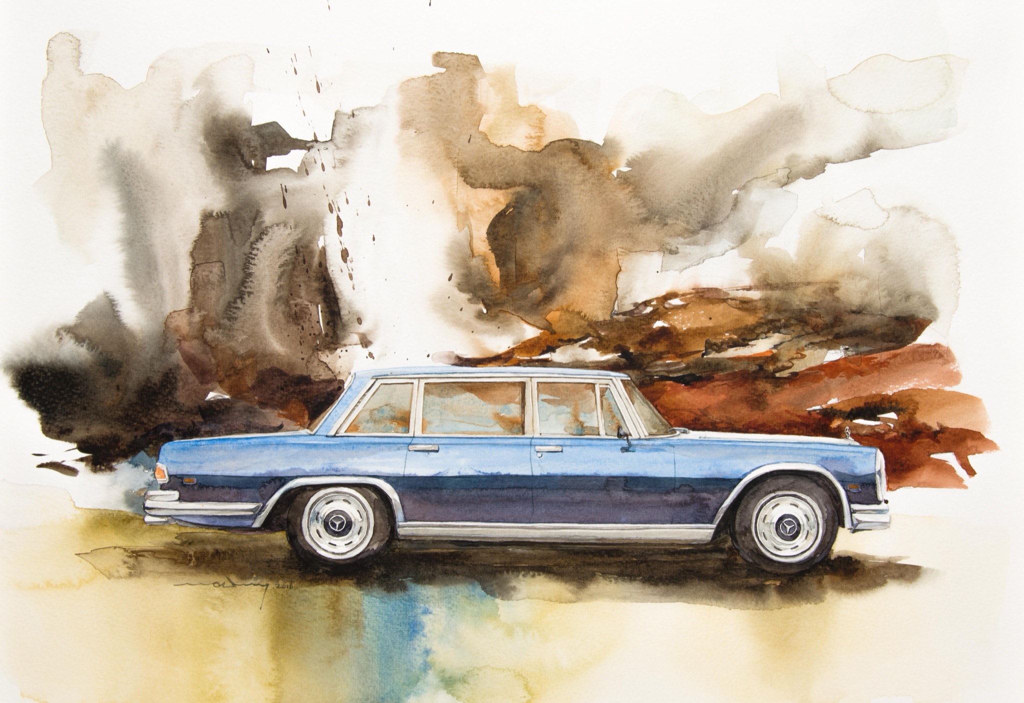 Minseok Kang 강민석 Mercedes-Benz 600 수채화 아트웍 42×30cm Watercolor on France Paper Korean contemporary art automotive fine art 수채화 아트웍 Watercolor Artwork At full speed