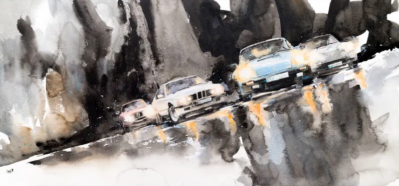 강민석 Minseok Kang, Night Race (2017) — 프랑스 수채지 위 투명한 물성으로 담은 레이싱 카의 질주, Watercolor on France Paper