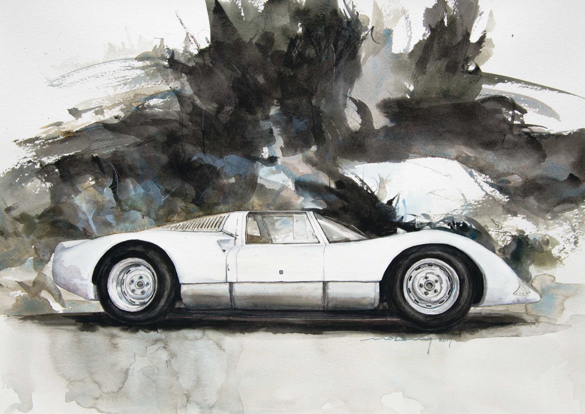 Minseok Kang 강민석 Porsche 906 Carrera 6 수채화 아트웍 39.8×28.6cm Watercolor on France Paper Korean contemporary art automotive fine art 수채화 아트웍 Watercolor Artwork At full speed