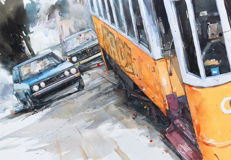 강민석 Minseok Kang, Race in the City NO.1 (2019) — 프랑스 수채지 위 투명한 물성으로 담은 레이싱 카의 질주, Watercolor on France Paper