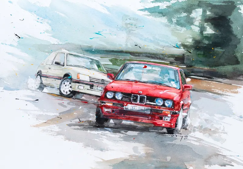 강민석 Minseok Kang, Race in the City NO.4 (2019) — 프랑스 수채지 위 투명한 물성으로 담은 레이싱 카의 질주, Watercolor on France Paper