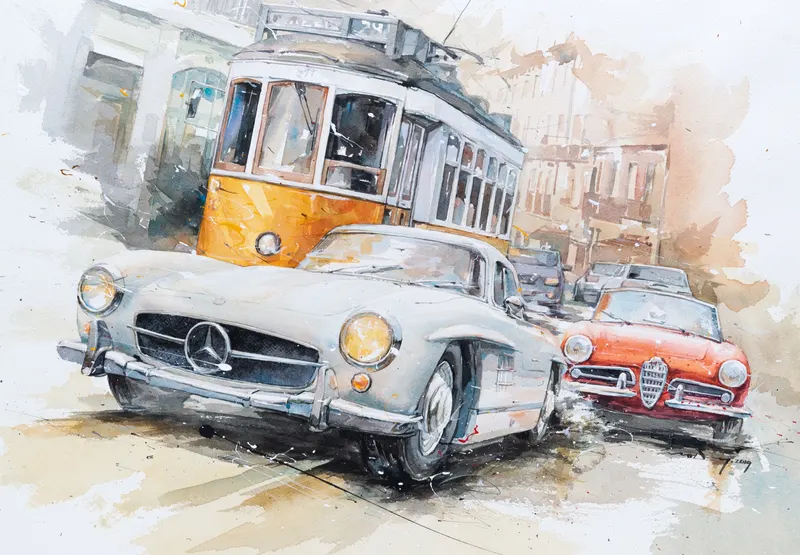 강민석 Minseok Kang, Race in the City NO.6 (2019) — 프랑스 수채지 위 투명한 물성으로 담은 레이싱 카의 질주, Watercolor on France Paper