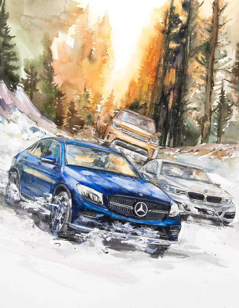 Minseok Kang, Mercedes-Benz · BMW · Land Rover — The form and light of cars realized in delicate watercolor brushwork, Watercolor on Paper
