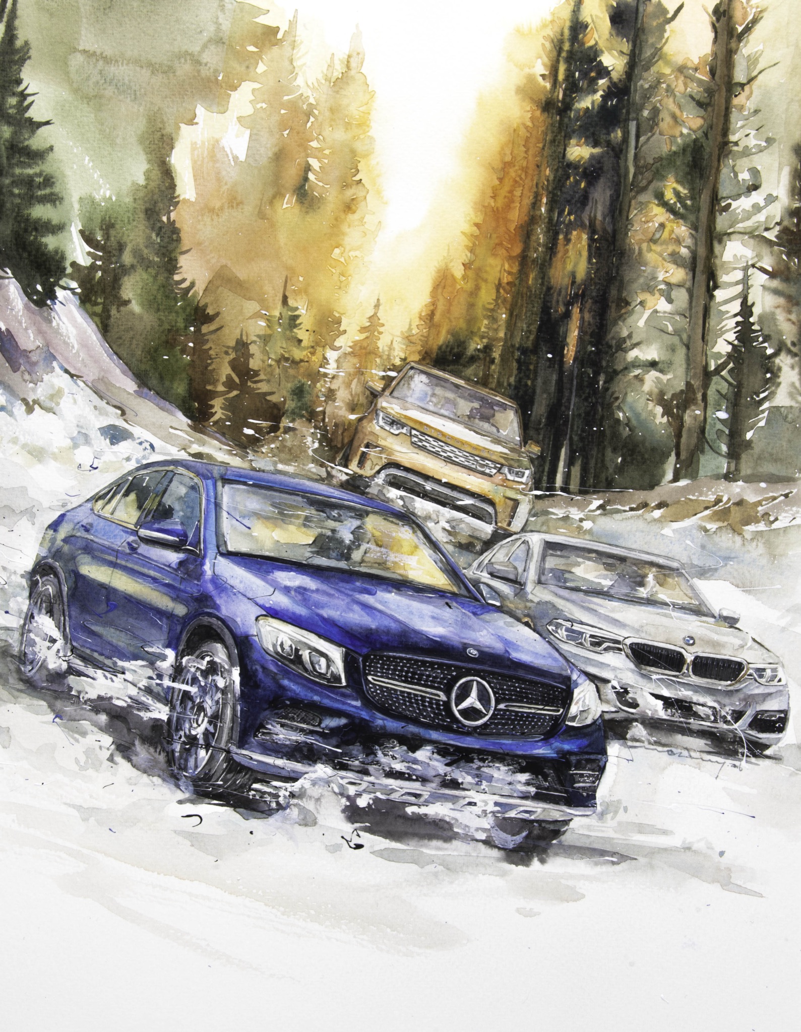 Minseok Kang 강민석 Mercedes-Benz · BMW · Land Rover 모터매거진 수채화 Watercolor on Paper Korean contemporary art automotive fine art 모터매거진 수채화 Motor Magazine watercolor Volvo XC90 art