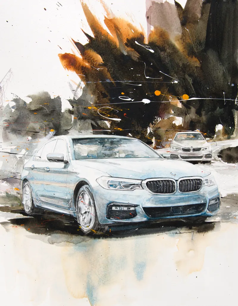 Minseok Kang, BMW 5 Series — The form and light of cars realized in delicate watercolor brushwork, Watercolor on Paper