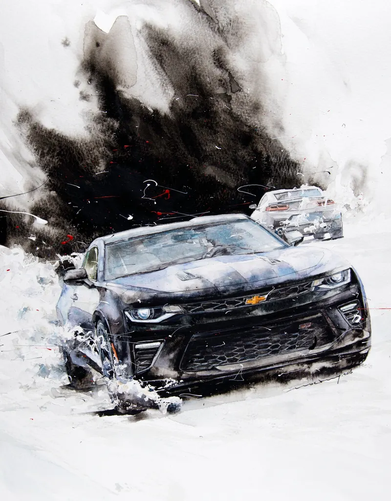 Minseok Kang, Chevrolet Camaro — The form and light of cars realized in delicate watercolor brushwork, Watercolor on Paper