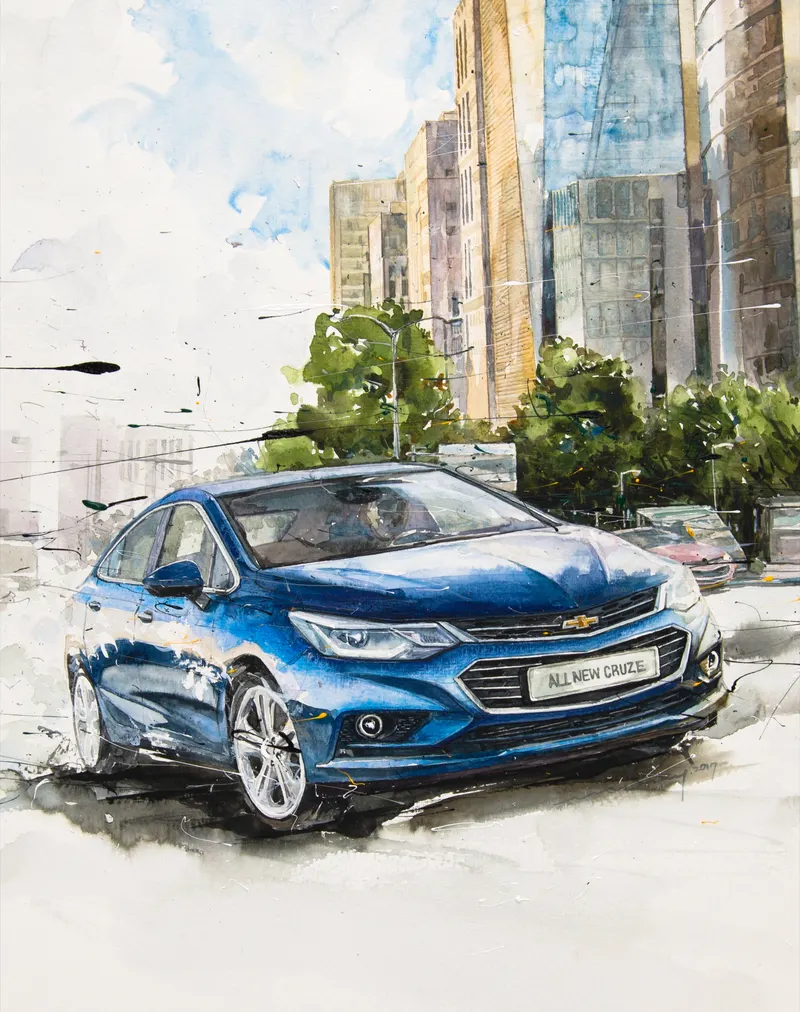 Minseok Kang, Chevrolet All New Cruze — The form and light of cars realized in delicate watercolor brushwork, Watercolor on Paper