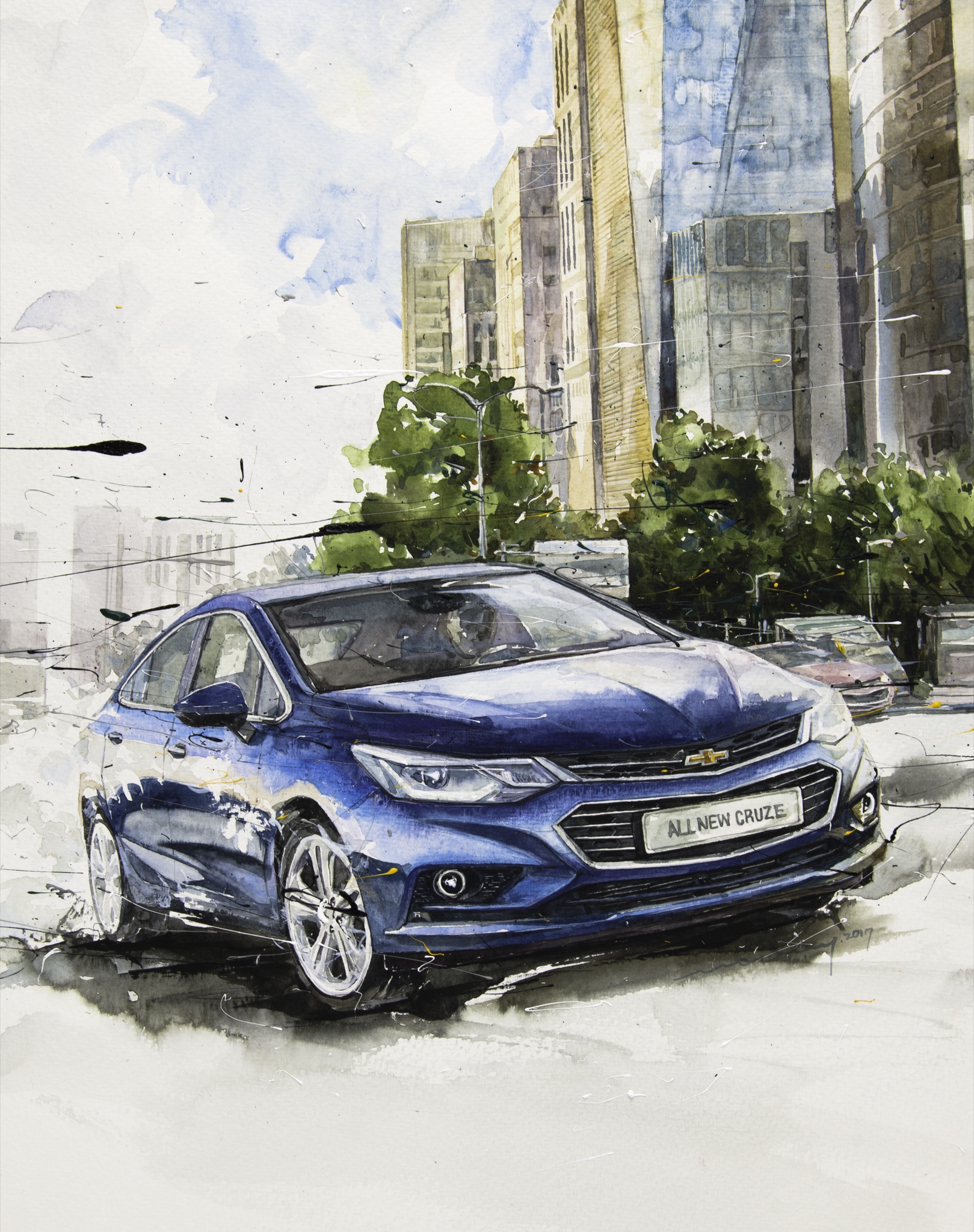 Minseok Kang 강민석 Chevrolet All New Cruze 모터매거진 수채화 Watercolor on Paper Korean contemporary art automotive fine art 모터매거진 수채화 Motor Magazine watercolor Volvo XC90 art