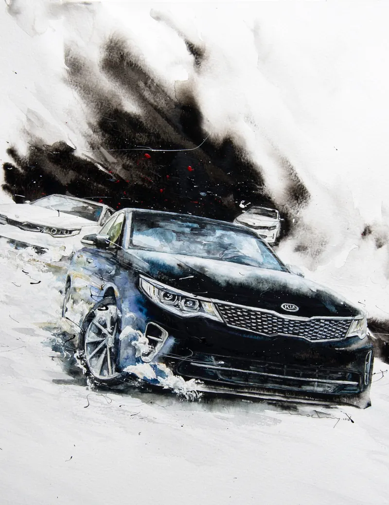 Minseok Kang, Kia GT — The form and light of cars realized in delicate watercolor brushwork, Watercolor on Paper