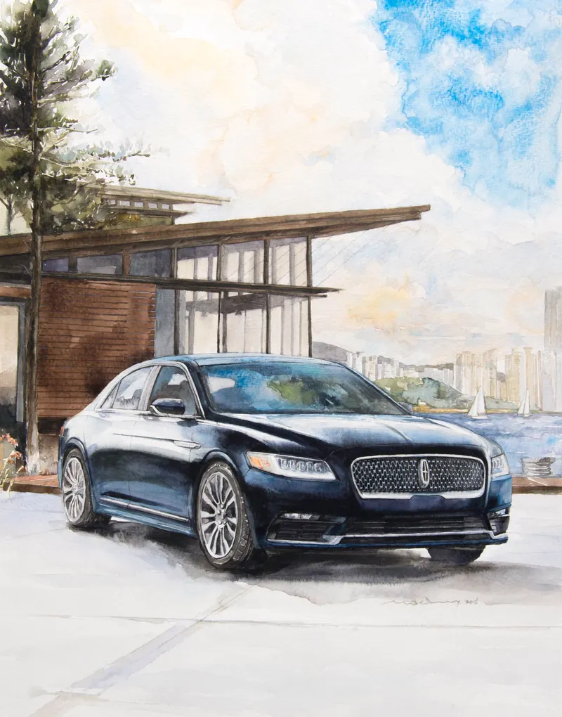 Minseok Kang, Lincoln Continental — The form and light of cars realized in delicate watercolor brushwork, Watercolor on Paper