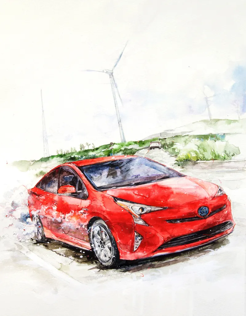 Minseok Kang, Toyota Prius (4th Gen) — The form and light of cars realized in delicate watercolor brushwork, Watercolor on Paper