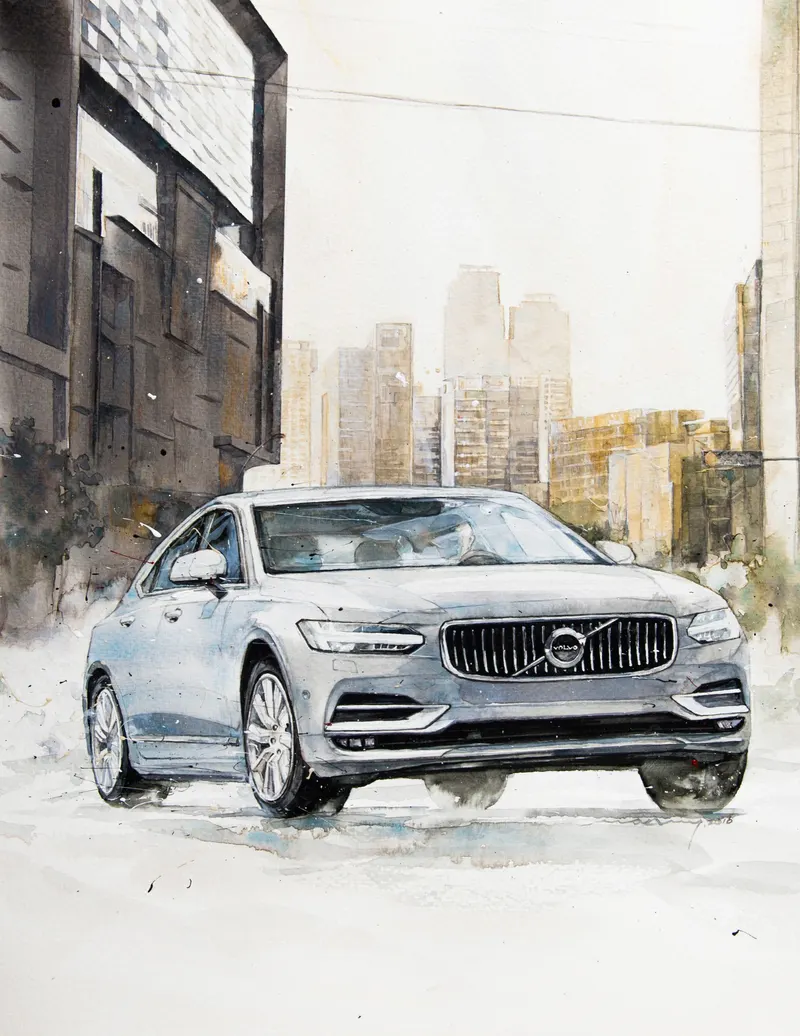 Minseok Kang, Volvo C90 (2016) — The form and light of cars realized in delicate watercolor brushwork, Watercolor on Paper