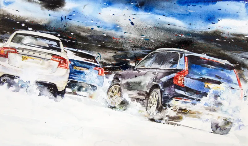 Minseok Kang, Volvo Competition (2016) — The form and light of cars realized in delicate watercolor brushwork, Watercolor on Paper