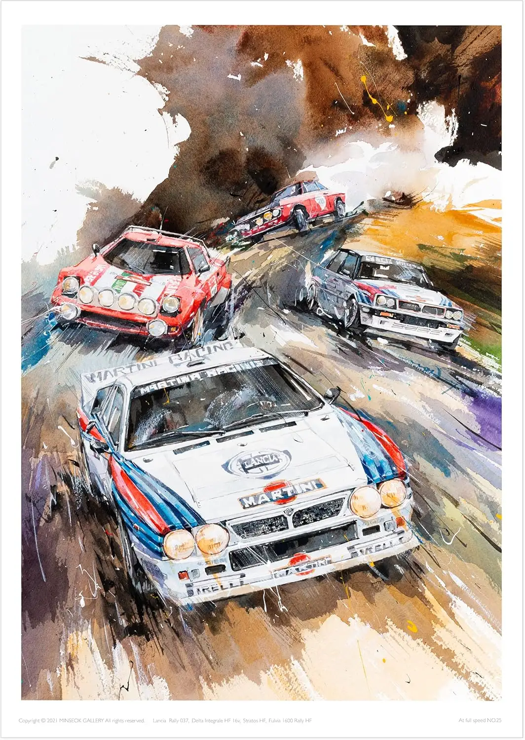MINSEOK® art poster Brown Scenery Dynamic Rally Sports Cars — watercolor car art by Minseok Kang, A2 A3