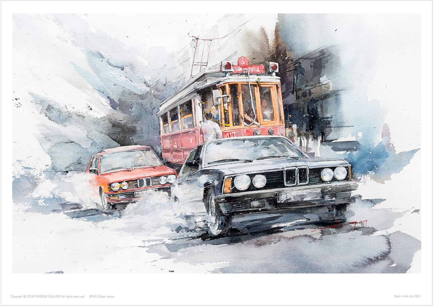 MINSEOK® 아트 포스터 City Driving Black Vintage Old Cars Tram — Minseok Kang art poster A2 A3
