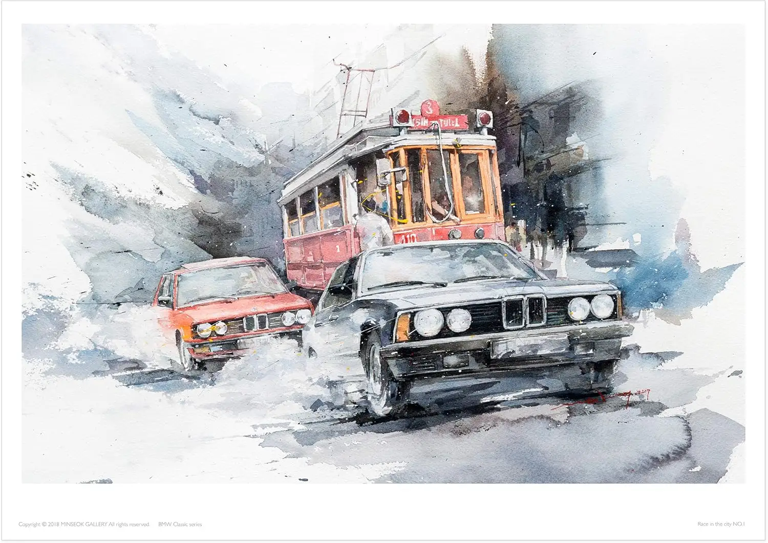 MINSEOK® art poster City Driving Black Vintage Old Cars Tram — watercolor car art by Minseok Kang, A2 A3