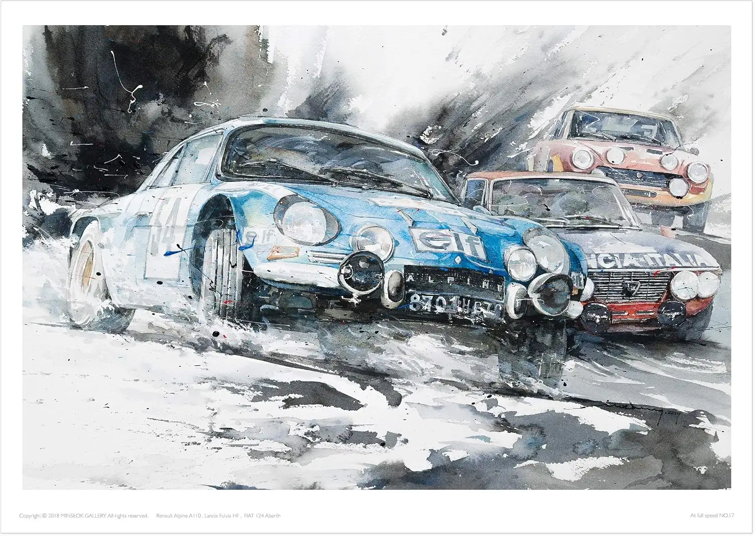 MINSEOK® art poster Dynamic Black Vintage Blue Rally Sports Cars — watercolor car art by Minseok Kang, A2 A3