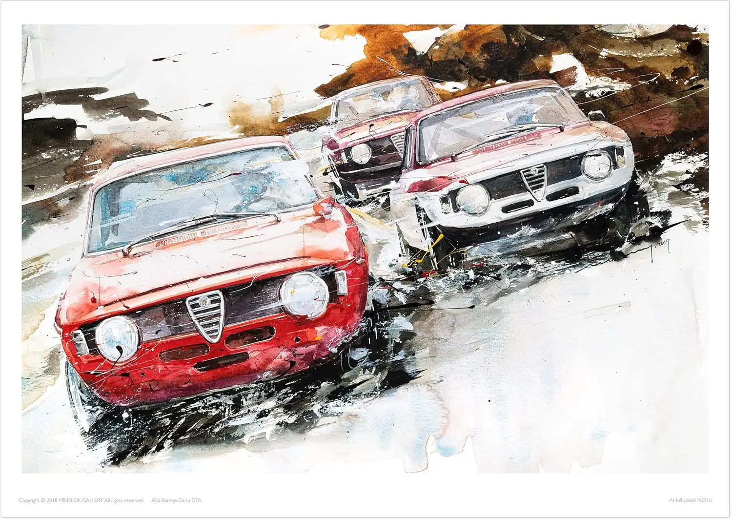 MINSEOK® art poster Dynamic Red Vintage Old Cars — watercolor car art by Minseok Kang, A2 A3