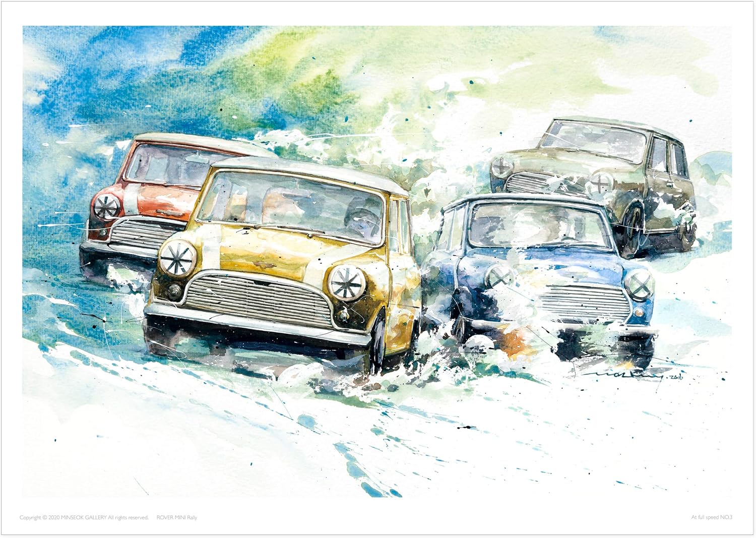 MINSEOK® 아트 포스터 Skyblue Green Scenery Vintage Rally Cars — Minseok Kang art poster A2 A3