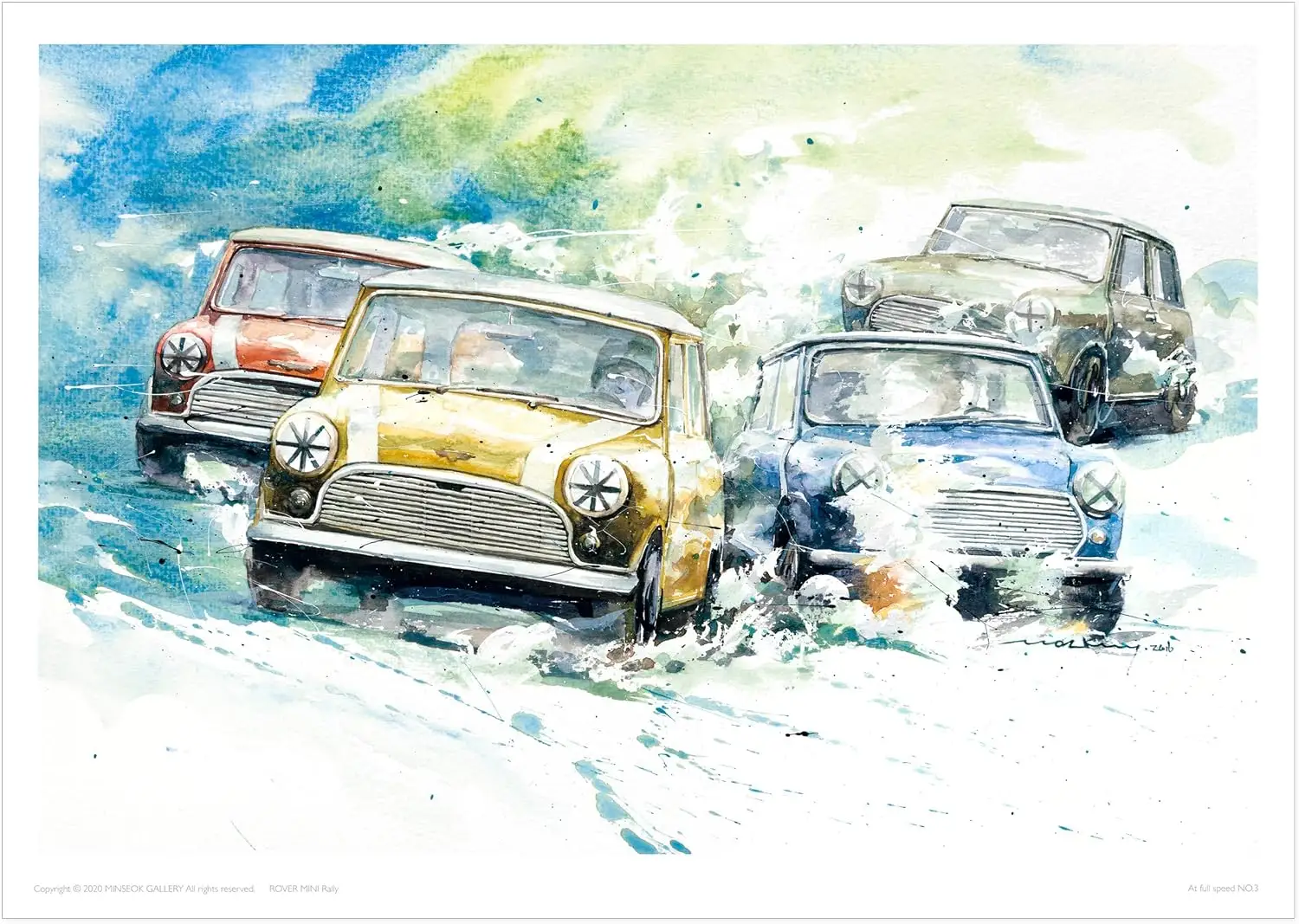 MINSEOK® art poster Skyblue Green Scenery Vintage Rally Cars — watercolor car art by Minseok Kang, A2 A3