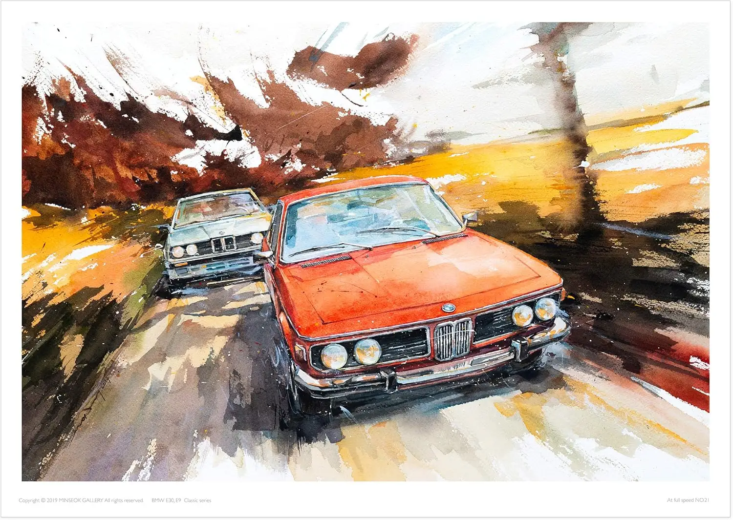 MINSEOK® art poster Yellow Scenery Orange Vintage Old Cars — watercolor car art by Minseok Kang, A2 A3